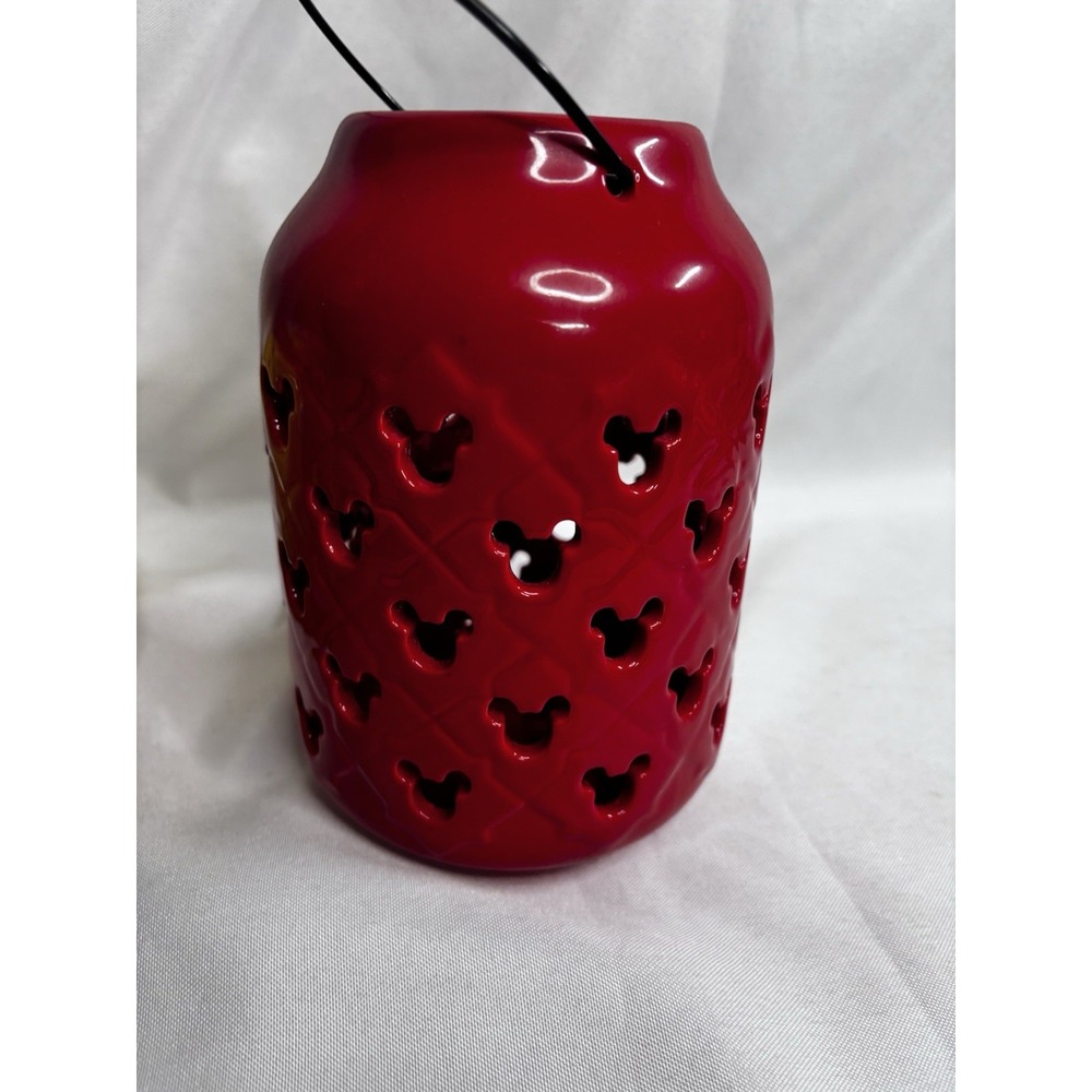 Disney Mickey Mouse Red Ceramic Lantern‎ Garden 7 Inch Tall Wire Handle Glaze